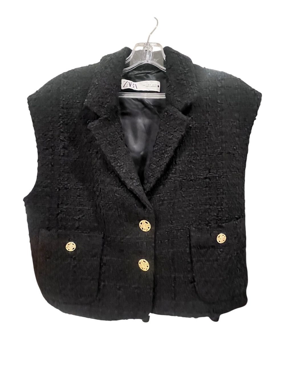 Zara Black Tweed Sleeveless Vest with Gold Buttons